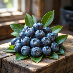 Photograph: Fresh blueberries artfully arranged on rustic wood with leaves. Sunlight highlights texture and bloom, emphasizing elegance.