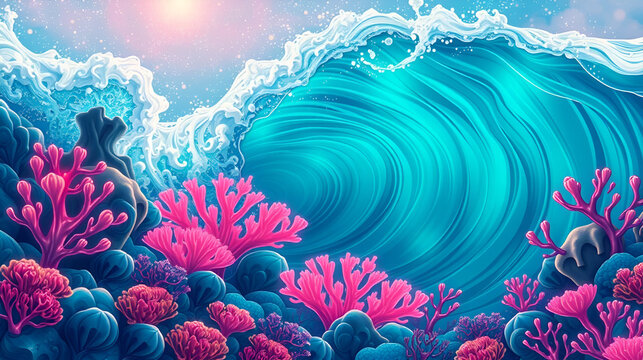 Ethereal seapunk dreamscape turquoise swells undulating neon coral formations. Visionary Swell. Illustration