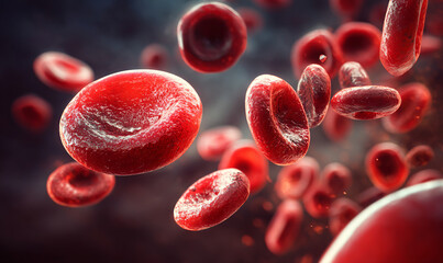 Red blood cells in circulation: Microscopic close-up of a cluster of red blood cells (erythrocytes) with their characteristic biconcave shape, floating in a fluid. Ideal for illustrating biology, hema
