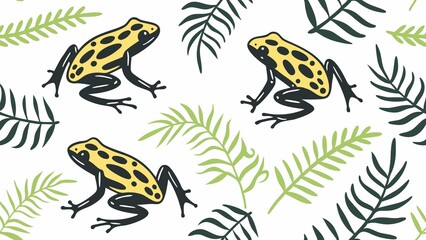 Fototapeta premium watercolor seamless pattern with yellow and black poison frogs on white background for tropical wildlife decoration