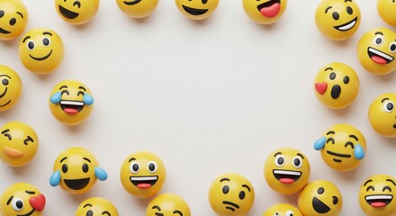 Obraz premium Colorful 3D emoji faces scattered playfully on a clean, white background, with plenty of neutral space for text or branding