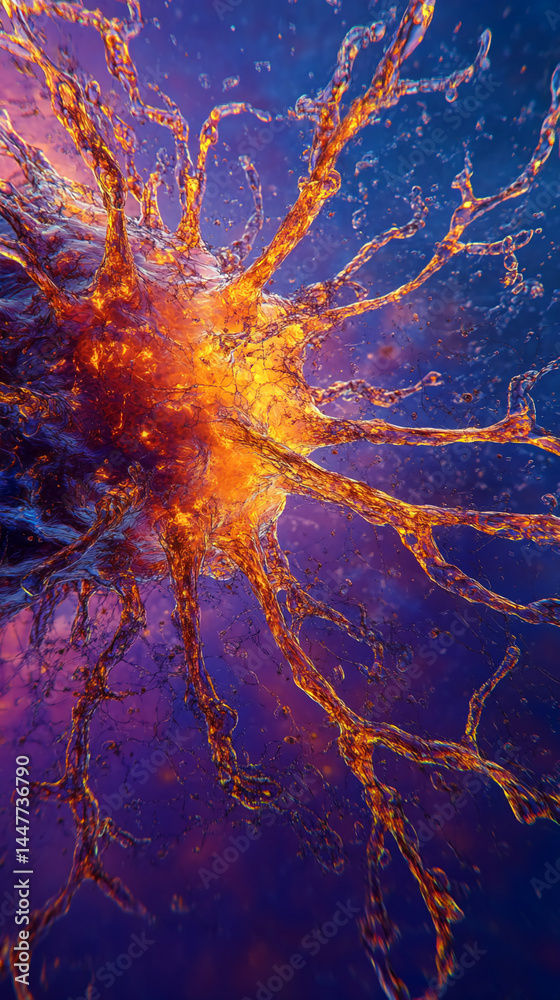 Poster abstract image of orange and purple liquid splash, resembling a neural network or cosmic explosion, 