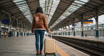 Travel adventure at a train station solo traveler with luggage urban environment morning ambiance inspirational journey