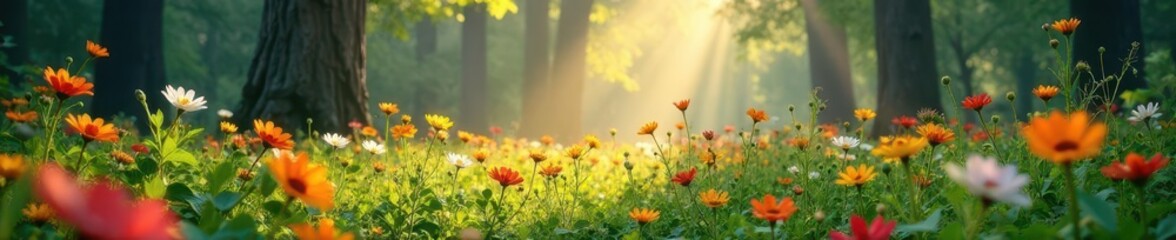 Fototapeta premium Sun-dappled wildflowers in misty forest clearing, fairytale, botany