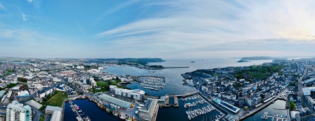 Panoramic view of Plymouth harbor and cityscape.