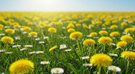 Fototapeta premium Dandelion Field with Sunlight and Blue Sky