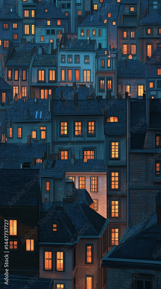 Poster night view of many buildings with illuminated windows, creating a cozy and warm atmosphere, showcasi