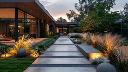 Architectural landscaping with illuminated walkway edges high resolution photo