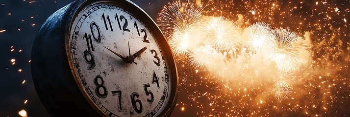 A dramatic close-up of a countdown clock as fireworks explode in the night sky signaling the New Year.