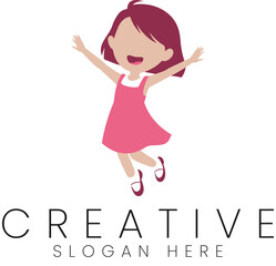 Happy Little Girl Jumping Joyful Pink Dress Childrens Illustration Design kid fun kid fun cute logo 