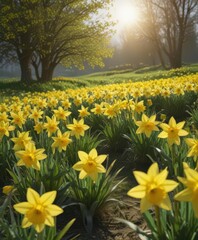 Sunlit daffodils burst forth in vibrant yellow against a lush green field , yellow, garden, sunshine