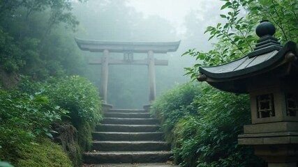 Tranquil Japanese Torii Gate in Morning Mist