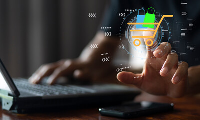 man hand touching shopping cart icon during sitting at home, Application online shopping marketing platform concept
