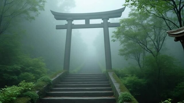 Tranquil Japanese Torii Gate in Morning Mist