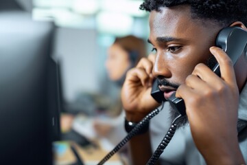 Professional man handling multiple phone calls in a busy office environment during working hours