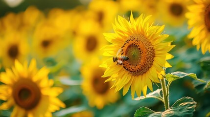 Obraz premium Honeybees buzzing around a sunflower field