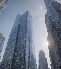 Naklejka premium Time-lapse of sleek glass skyscraper rising, city backdrop, sophisticated, modern, urban