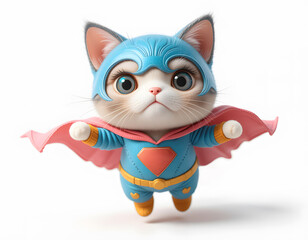 Fototapeta premium Adorable kitten dressed as a superhero in blue costume, flying forward with pink cape and confidence.