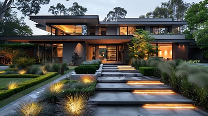 Clean stone paths and native plants arrangement high resolution photo