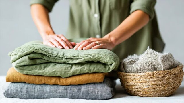 A person folding clean, neatly stacked linens next to a woven basket of textiles.