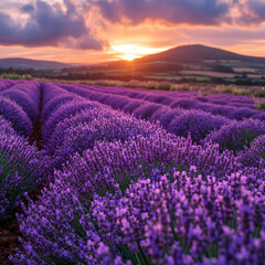 Obraz premium A serene lavender field in full bloom under a soft sunset, with rows of purple stretching into the horizon