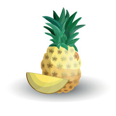 Freshly Cut Pineapple with Juicy Slice Showing Golden Yellow Flesh and Crown of Green Leaves - A Tropical Delight Displayed Against a Clean White Background for Culinary and Wellness Inspiration