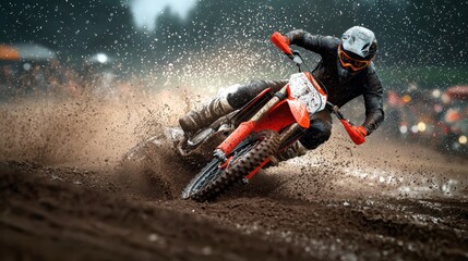 Close-up of motocross bike splashing through rain-soaked mud action-packed scene gritty atmosphere diffused natural light top-down angle racetrack environment