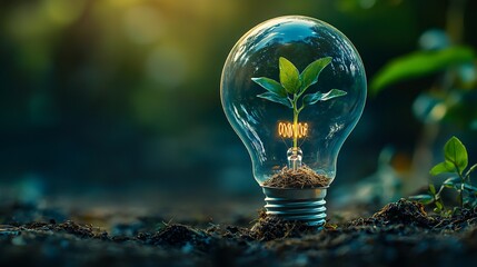 Green Energy Concept Sprout Growing Inside Illuminated Light Bulb, Eco-Friendly Sustainable Innovation, Environmental Conservation, Renewable Resources, Nature Photography
