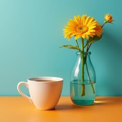 Fototapeta premium Small coffee cup beside cheerful yellow-orange flower arrangement on plain orange surface , flowers, still life