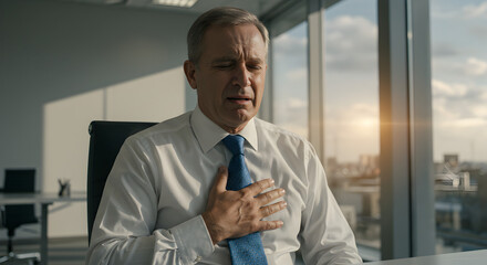 Fototapeta premium Mature Businessman Experiencing Chest Pain in Bright Office with Blue Tie and White Shirt During Sunny Day