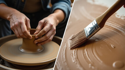 Macro of hands shaping clay on a pottery wheel, visible motion and texture, craft and tradition, earthy tones

Close-up of brush strokes on a canvas with thick oil paint, tactile texture, studio 