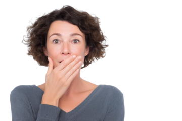 woman with surprised expression covering her mouth with her hand isolated on white transparent background