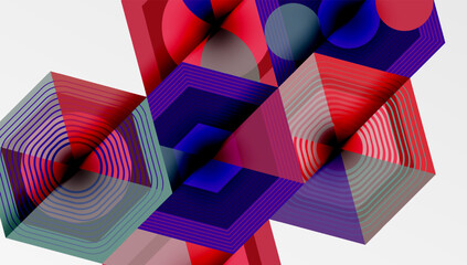 Abstract geometric composition. Lines create illusion depth, vibrant colors dominate. Shapes intersect, forming complex patterns. Modern design.