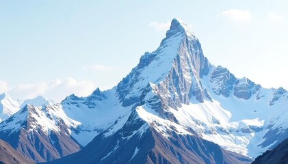 Snow-covered mountain peak against clear white sky, background, stillness, peak