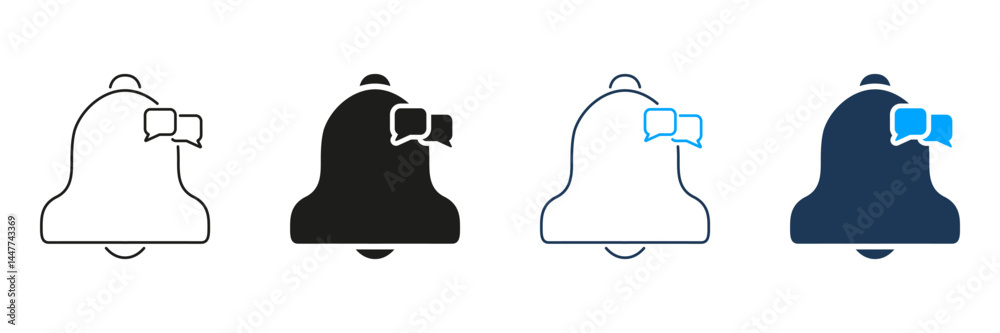 Poster notification bell with chat bubble line and solid icon set. alert and messaging communication symbol