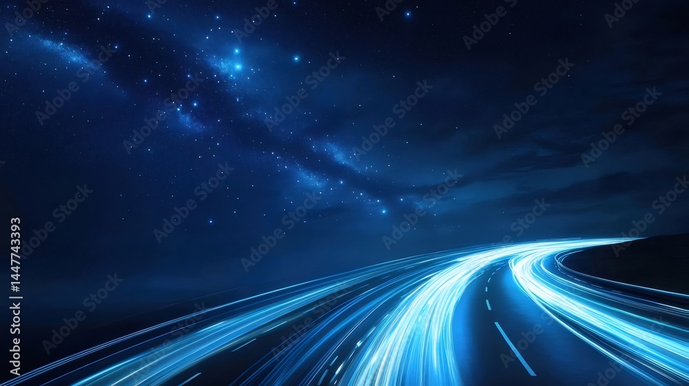 Aufkleber 夜空の下光の線が描く未来的な道路風景 青色の光と星が輝く幻想的なデジタルアート