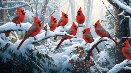 A group of vibrant red cardinals perched on snow-covered branches amidst a peaceful winter forest.