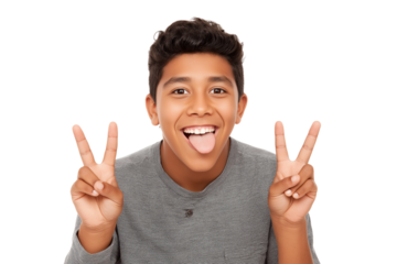 Playful teenager showing peace sign isolated on white transparent background
