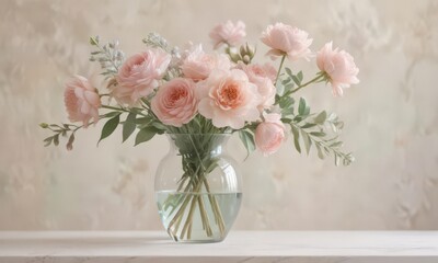 Fototapeta premium Delicate pastel watercolor blooms in a glass vase Soft hues, artistic brushstrokes , artwork, tone