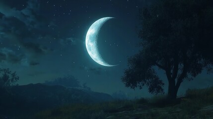 Serene crescent moon graces tranquil night sky silhouetted tree starry backdrop dark teal tones