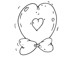 Doodle heart balloon with ribbon bow, inner heart symbol. Hand-drawn black, white contour illustration, printable cards, romantic gift tags, wedding invitations, sticker sets, children projects, 