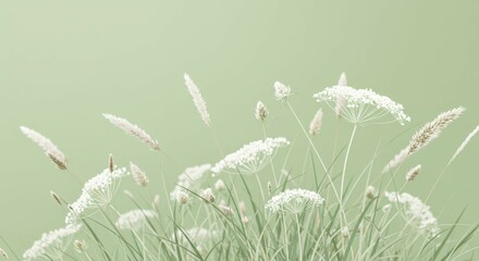 White Wildflowers and Grass on Green Background