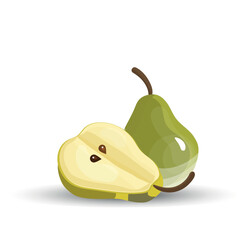 Pair of Juicy Green Pears, Including One Whole and One Sliced to Reveal Light Yellow Flesh and Brown Seeds, Placed on a White Background with Soft Shadows - A Minimalist Tribute to Natural Freshness a