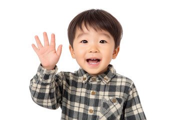 cheerful little boy waving his hand with big smile isolated on white transparent background