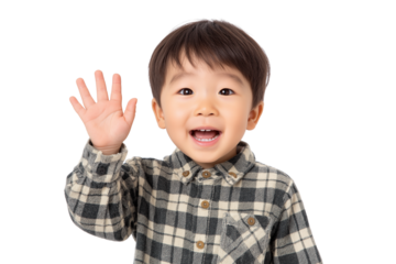 cheerful little boy waving his hand with big smile isolated on white transparent background