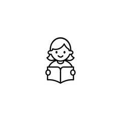 Outline minimalist Icon of Cute Girl Reading a Book – Flat Vector Design for Education and Kids Content