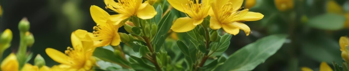 Obraz premium Close-up of vibrant yellow Hypericum flowers against blurred background , backdrop, st johns wort