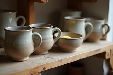 Obraz premium Ceramic Mugs on Wooden Shelf: A selection of handcrafted ceramic mugs with glazed beige finish and rounded handles sit neatly on a rustic wooden shelf.