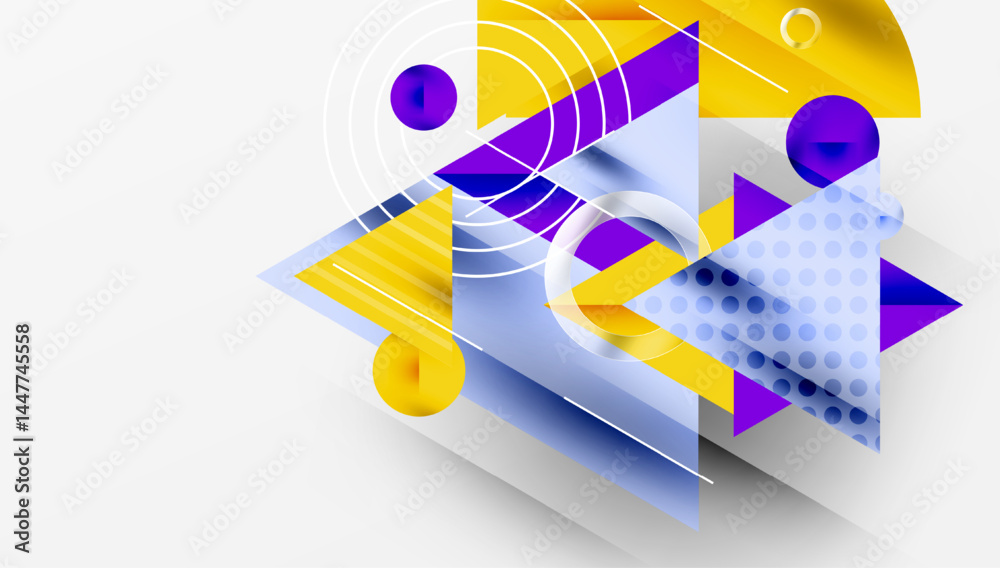 Poster abstract geometric composition. shapes overlap, creating dynamic visual effect. yellow, purple, blue