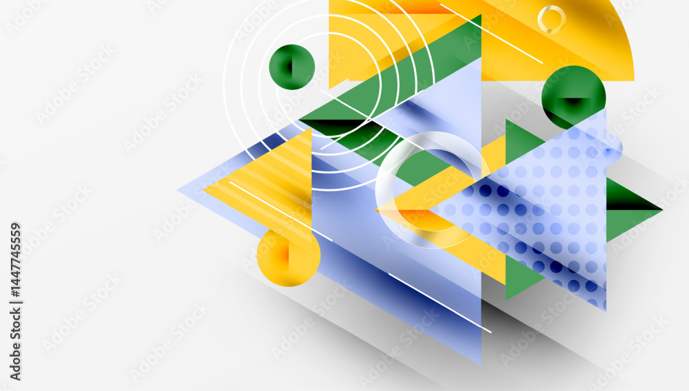 Poster Abstract geometric composition. Yellow, green, blue shapes overlap creating dynamic visual effect. Minimalist design, modern aesthetic.
